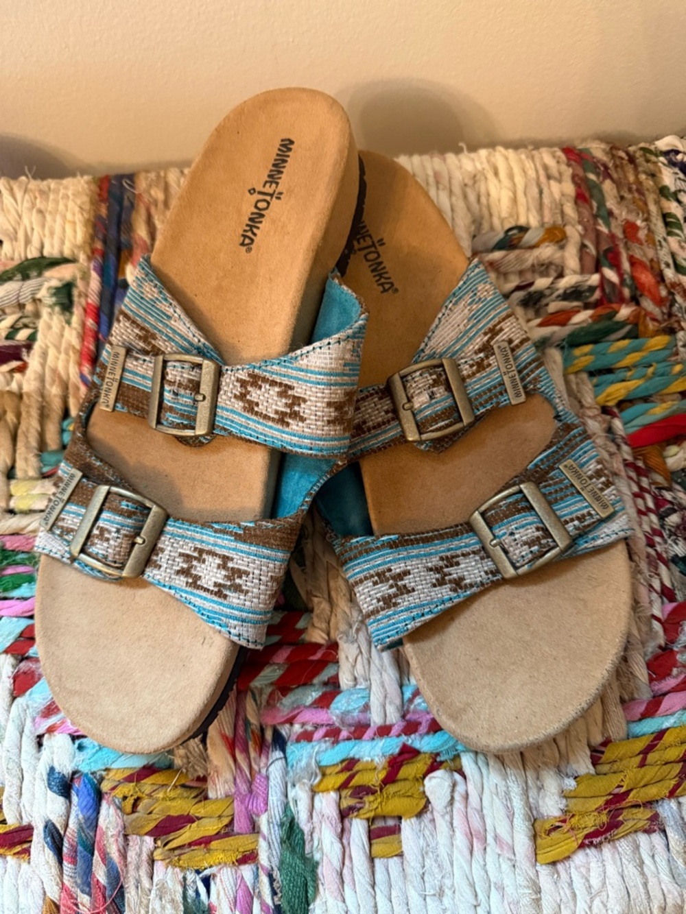 Minnetonka Turquoise and Brown Double Buckle Slide Sandals